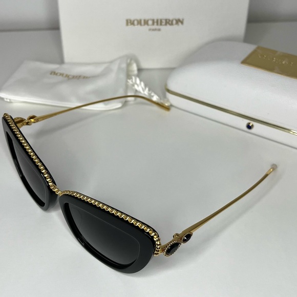 Boucheron NWT Embellished Cat Eye Sunglasses BC0140S 001 Black/Gold - Picture 6 of 12